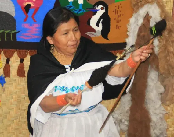 indigene Frau in den Anden spinnt Wolle