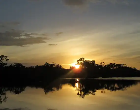 Sonnenuntergang über der Laguna Grande im Cuyabeno Reservat