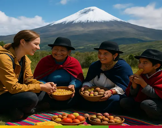 Authentische Begegnung zwischen Reisender und Einheimischen beim traditionellen Essen in den ecuadorianischen Anden vor dem verschneiten Vulkan Tungurahua.