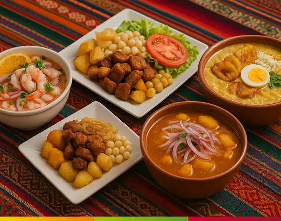 Traditionelle ecuadorianische Gerichte auf indigener Tischdecke serviert – Encebollado, Ceviche, Fritada und Fanesca
