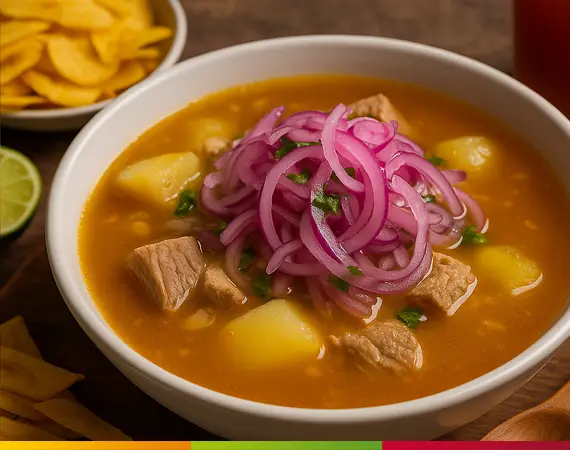 Traditionelles ecuadorianisches Encebollado – Fischsuppe mit Yuca, roten Zwiebeln und Limette, ein Klassiker der Küstenküche Ecuadors.