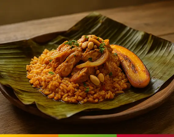 Eine traditionelle ecuadorianische Tonga, serviert auf Bananenblättern mit Reis, Hähnchen, Erdnüssen und gebratenen Kochbananen auf einem rustikalen Holztisch – ein klassisches Gericht aus der Küstenküche Ecuadors.