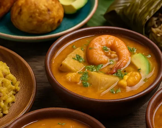 Traditionelle Gerichte der ecuadorianischen Küstenküche mit Meeresfrüchten, Reis und Kochbananen – authentische Aromen Ecuadors.