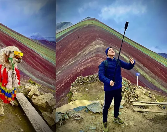 Persönliche Reise zur Rainbow Mountain Peru (Vinicunca) – Besucher vor der berühmten Siebenfarben-Berglandschaft in den peruanischen Anden.