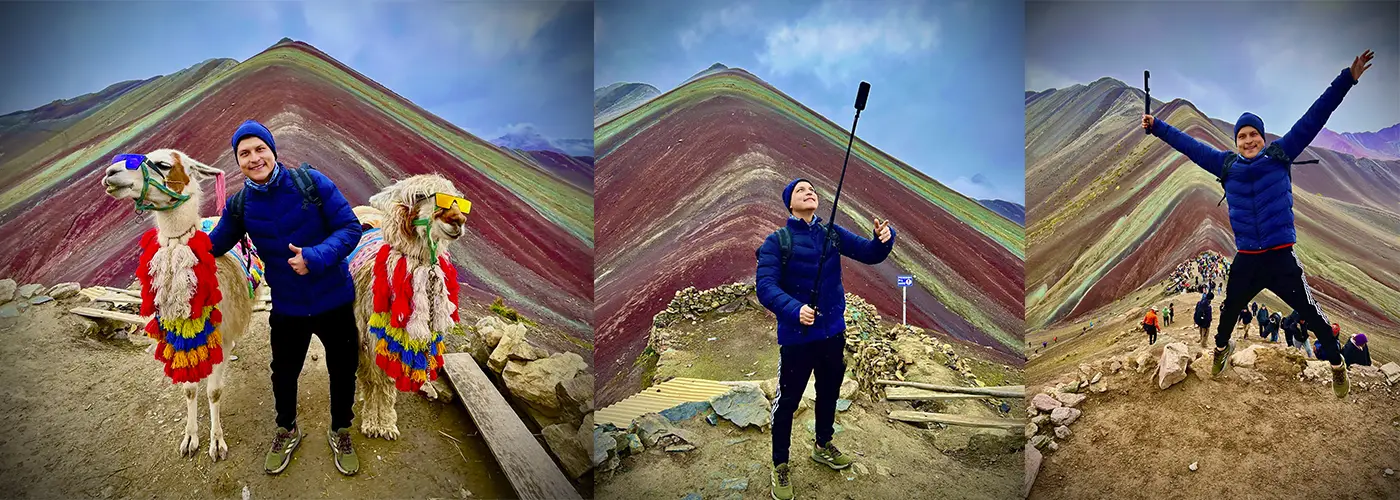 Persönliche Reise zur Rainbow Mountain Peru (Vinicunca) – Besucher vor der berühmten Siebenfarben-Berglandschaft in den peruanischen Anden.