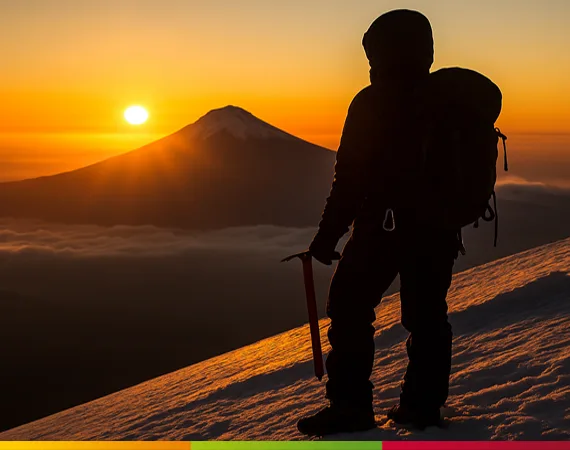 Bergsteiger bei Sonnenaufgang auf dem Cotopaxi in Ecuador – spirituelle Vulkantour mit Blick auf den schneebedeckten Gipfel