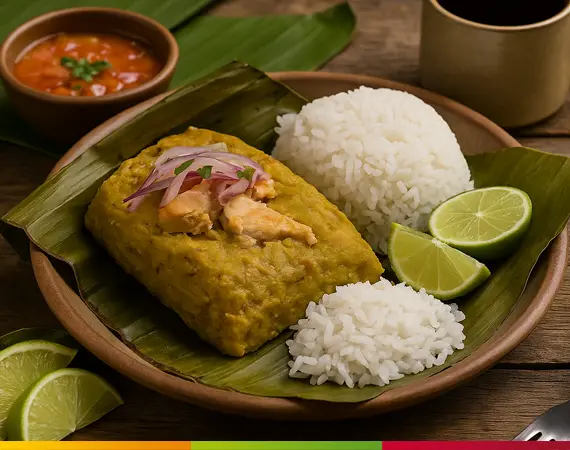 Traditionelles ecuadorianisches Bollo de Pescado – mit Kochbananen, Erdnüssen und Fisch, eingewickelt in Bananenblätter, typisch für die Küstenküche.