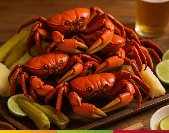 Traditionelle ecuadorianische Cangrejada mit roten Krabben, Kochbananen, Maniok und Limetten – ein Symbol der Küstenküche Ecuadors.