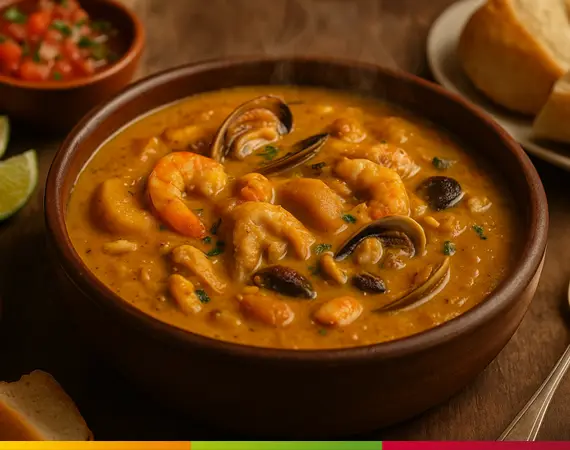 Eine traditionelle ecuadorianische Cazuela de Mariscos, serviert in einem Tontopf mit Garnelen, Fisch und Muscheln in einer cremigen Erdnusssauce – ein Highlight der ecuadorianischen Küstenküche.