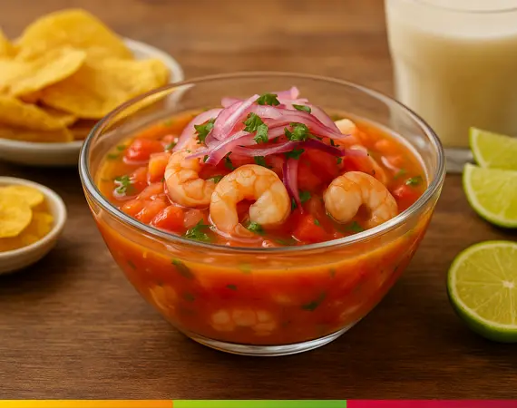 Traditionelles ecuadorianisches Garnelen-Ceviche mit Limette, roten Zwiebeln, Tomaten und Koriander – frisch, leicht und typisch für die Küstenküche.