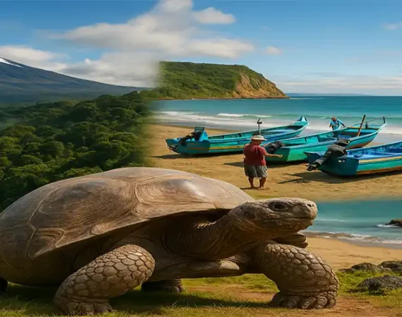Panoramabild der vier Regionen Ecuadors mit Anden, Amazonas, Galápagos-Riesenschildkröte und Pazifikküste