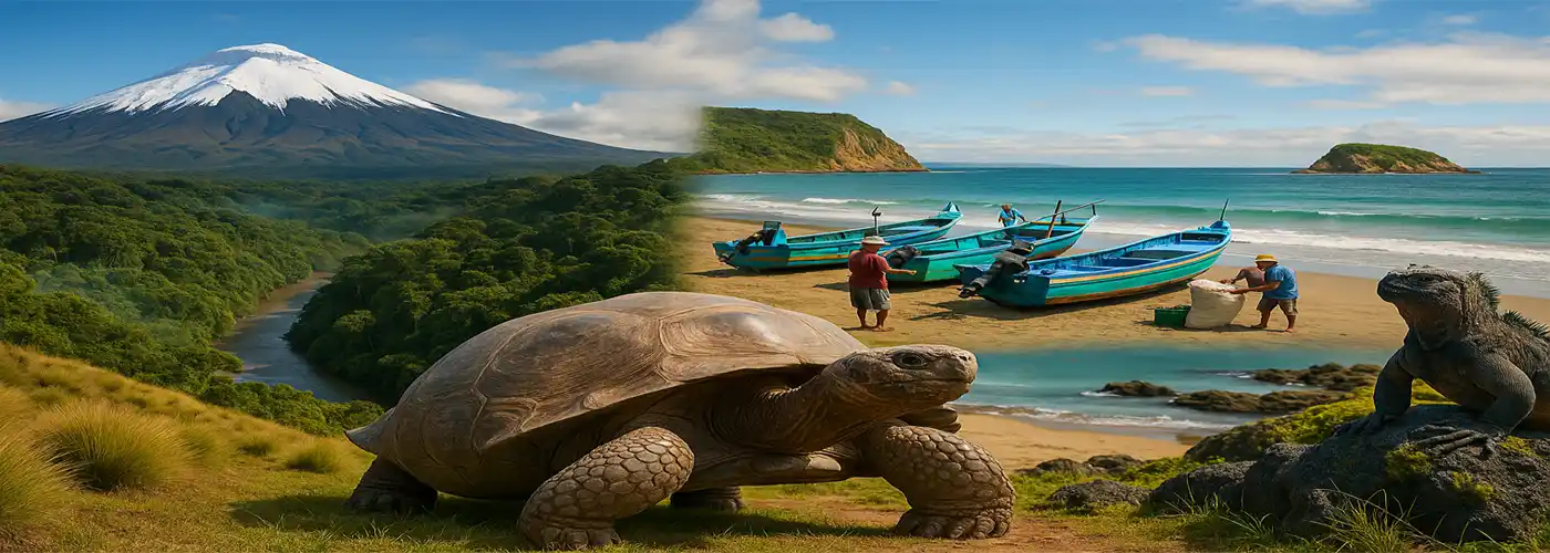Panoramabild der vier Regionen Ecuadors mit Anden, Amazonas, Galápagos-Riesenschildkröte und Pazifikküste