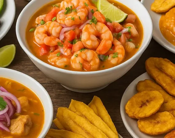 Traditionelle ecuadorianische Küstenküche mit Encebollado, Ceviche, Bollo, Reis, Fleisch und Patacones auf einem Holztisch serviert.