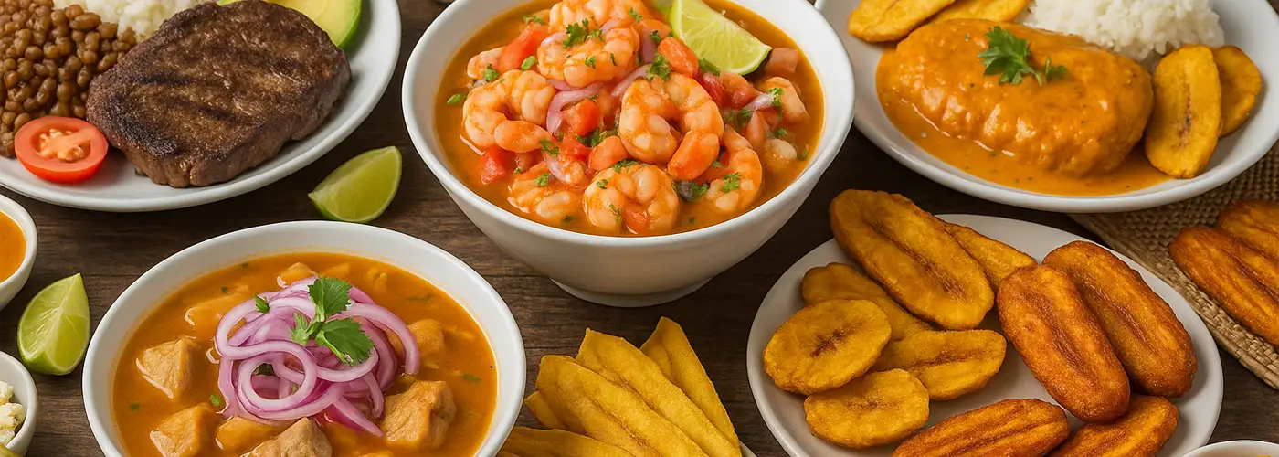 Traditionelle ecuadorianische Küstenküche mit Encebollado, Ceviche, Bollo, Reis, Fleisch und Patacones auf einem Holztisch serviert.