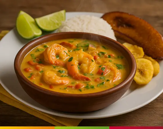 Traditionelles ecuadorianisches Encocado mit Garnelen in Kokossauce, serviert mit Reis, Kochbananen und Limette – ein Klassiker der Küstenküche.