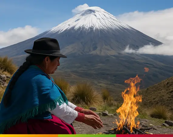 Indigene Frau führt eine rituelle Zeremonie am Fuß des schneebedeckten Vulkans Tungurahua in Ecuador durch – spirituelle Verbindung zwischen Mensch und Vulkan