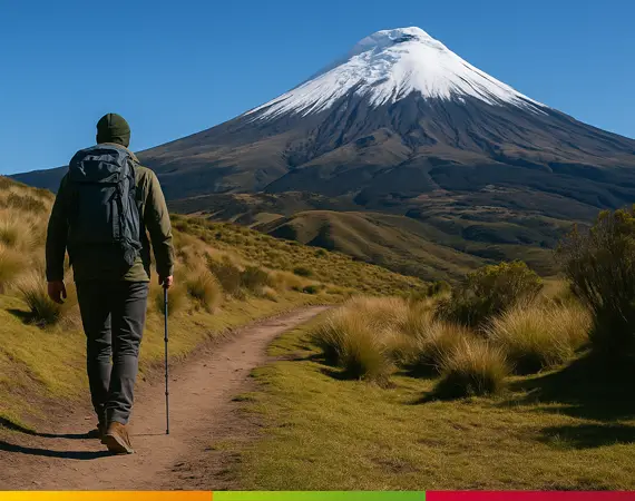 Nachhaltiger Tourismus in Ecuador – Wanderer vor dem schneebedeckten Vulkan Tungurahua