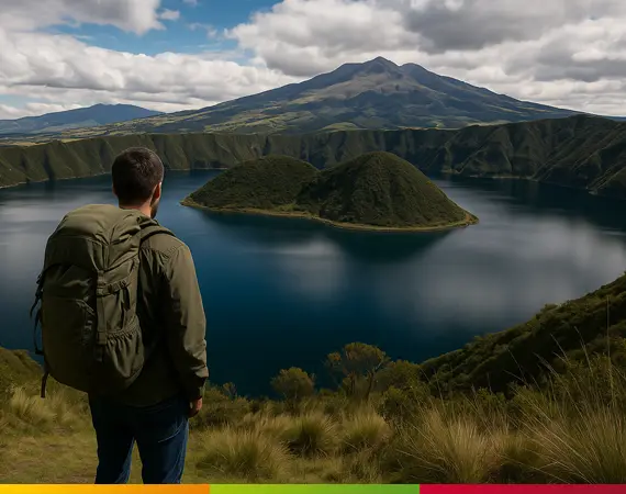 Wanderer blickt über die Cuicocha-Lagune – Symbol für nachhaltiges und bewusstes Reisen in Ecuador