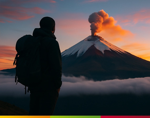 Reisender beobachtet bei Sonnenuntergang den schneebedeckten Cotopaxi – spirituelle Vulkantour in Ecuador