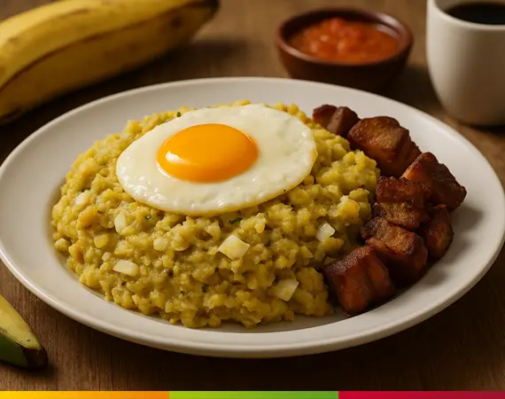 Ein traditioneller „Tigrillo de Verde Ecuatoriano“ serviert mit Spiegelei, knusprigem Chicharrón und Kaffee – ein klassisches Frühstück der ecuadorianischen Küche, zubereitet aus grünen Kochbananen.