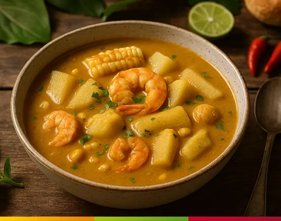 Eine Schüssel Viche ecuatoriano, eine traditionelle Suppe aus der Küstenregion, zubereitet aus Garnelen, Yuca, Mais und grünen Kochbananen – ein typisches Gericht der ecuadorianischen Küche.