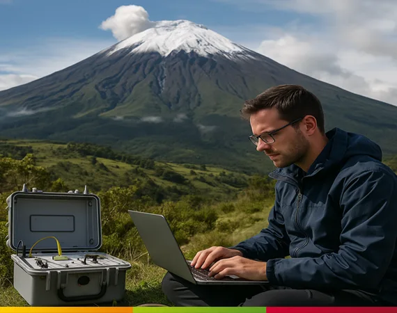 Vulkanforscher überwacht den Tungurahua in Ecuador mit seismologischer Ausrüstung und Laptop vor imposanter Vulkanlandschaft